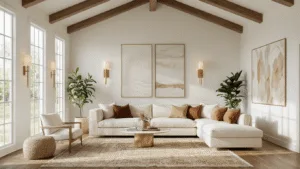 "Modern sunlit living room with cream sectional, gallery wall with brass sconces and earth tone pillows"