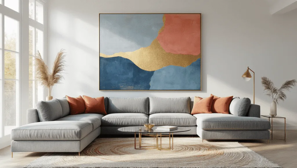 "Modern living room with gray sectional sofa, oversized abstract canvas art, brass accents, and warm natural light"