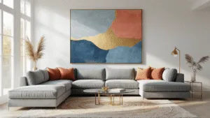 "Modern living room with gray sectional sofa, oversized abstract canvas art, brass accents, and warm natural light"