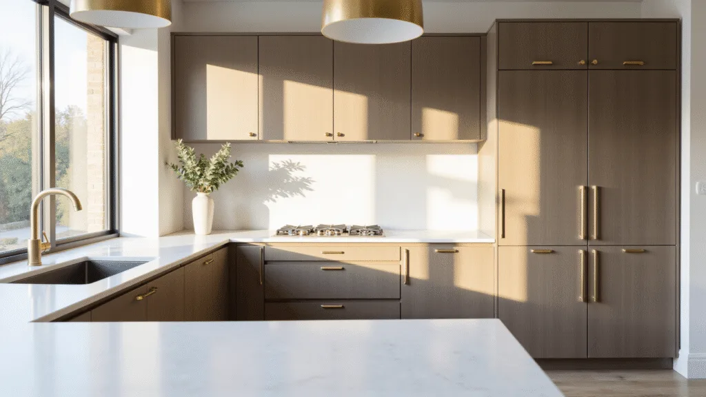 "Sunlit modern kitchen with taupe cabinets, white quartz island, and minimalist decor."