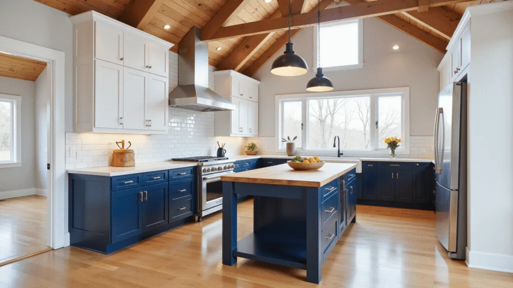 "Modern farmhouse kitchen with navy and white cabinets, butcher block island, stainless steel appliances, and vaulted ceiling with exposed beams"