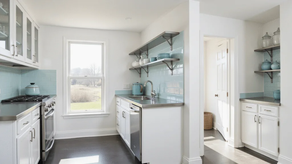 "Modern small kitchen with white cabinets, stainless steel countertops, teal accents and morning light streaming through the window"
