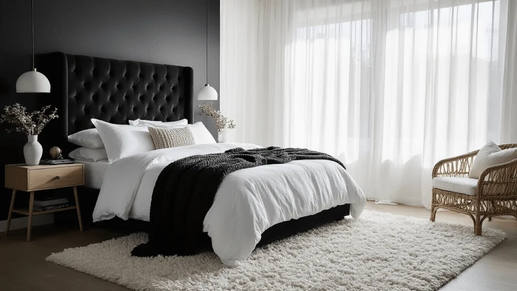 "Luxurious monochrome bedroom with velvet headboard, layered linens, rattan accents, and morning light streaming through sheer curtains"