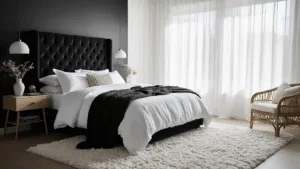 "Luxurious monochrome bedroom with velvet headboard, layered linens, rattan accents, and morning light streaming through sheer curtains"