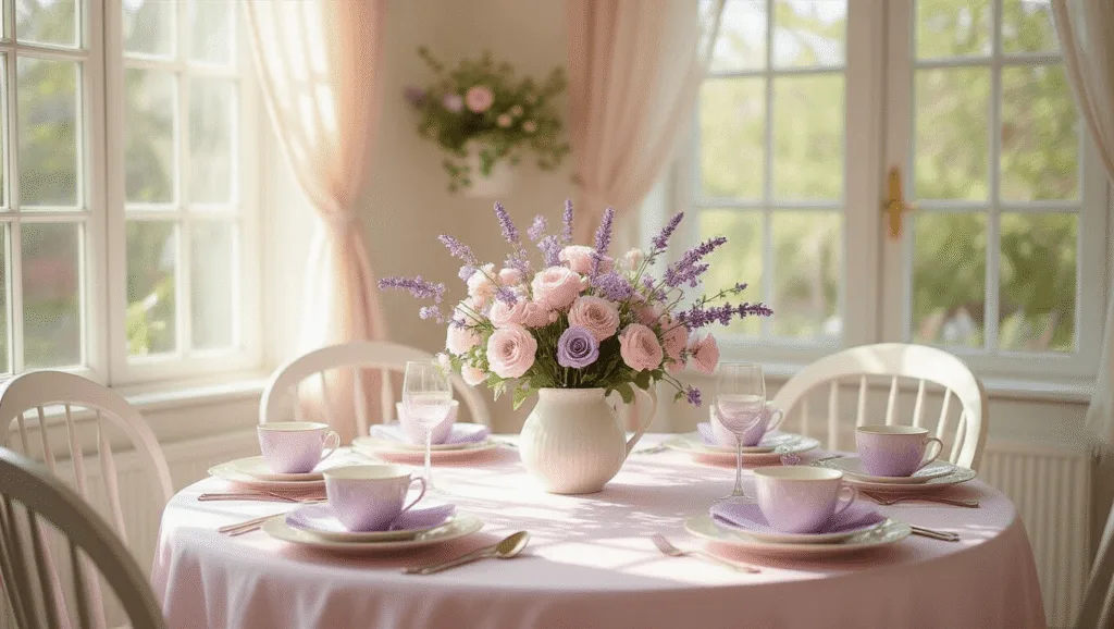 "Mother's Day brunch table with pastel flowers, lavender place settings on a blush tablecloth in a sunlit room"