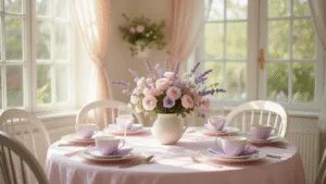 "Mother's Day brunch table with pastel flowers, lavender place settings on a blush tablecloth in a sunlit room"