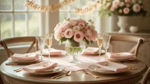 "Elegant Mother's Day dining setup on round oak table with blush pink linens, gold china, pastel flowers in a crystal vase, and champagne flutes in soft morning light"