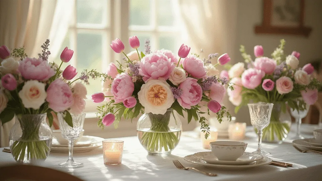"Vintage pastel floral centerpiece with peonies, tulips, and roses on farmhouse dining table set elegantly for Mother's Day"