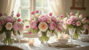 "Vintage pastel floral centerpiece with peonies, tulips, and roses on farmhouse dining table set elegantly for Mother's Day"