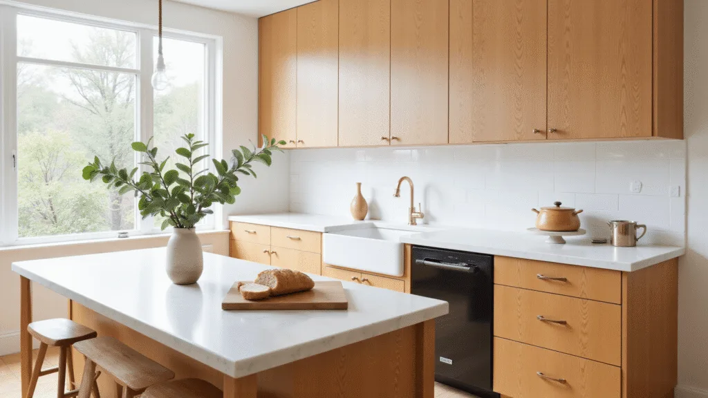 "Sunlit modern kitchen with natural oak cabinets, white marble countertops, and fresh eucalyptus on the island"