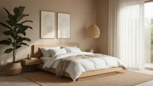 "Modern minimalist bedroom with an oak platform bed, white linens, taupe walls, jute rug, rattan pendant lamp, fiddle leaf fig, and natural morning light"