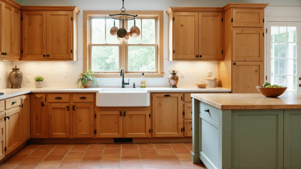 "Sunlit rustic kitchen with knotty alder cabinets, farmhouse sink, hanging copper pots, sage green island, and terracotta floor."