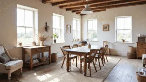 "Cottagecore rustic farmhouse interior with vintage furniture, exposed wooden beams, cream walls, large windows letting in natural light, antique textiles, dried flowers, and handwoven baskets on reclaimed wood floors"
