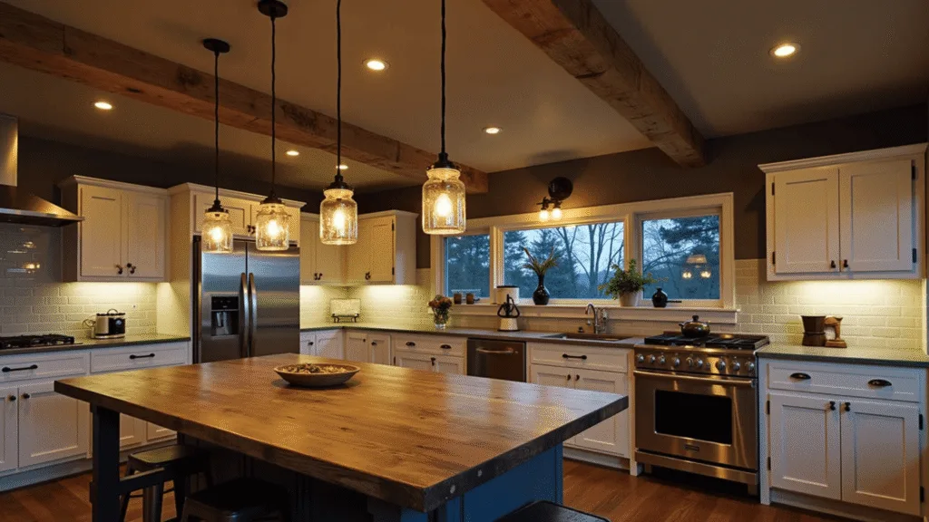 "Farmhouse kitchen with rustic lighting, wooden beams, mason jar pendants, white cabinets, vintage copper fixtures, and a warm evening atmosphere."