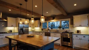"Farmhouse kitchen with rustic lighting, wooden beams, mason jar pendants, white cabinets, vintage copper fixtures, and a warm evening atmosphere."