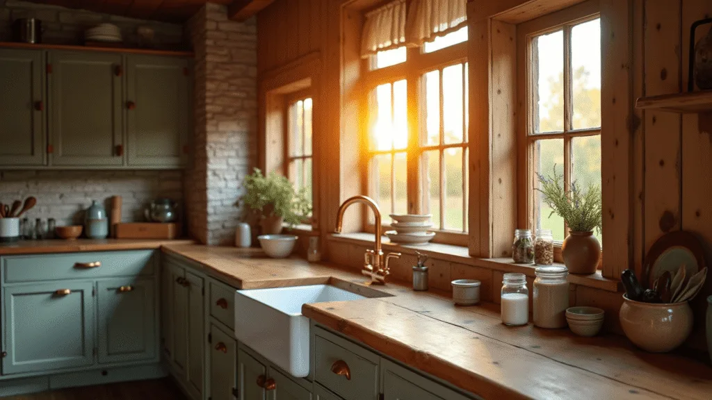 "Rustic farmhouse kitchen with weathered oak cabinets, copper accents, a white sink, and vintage decor bathed in golden hour sunlight"