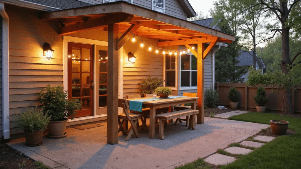 "Rustic cedar patio with distressed dining set, string lights and potted herbs bathed in warm golden-hour sunlight"