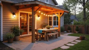 "Rustic cedar patio with distressed dining set, string lights and potted herbs bathed in warm golden-hour sunlight"