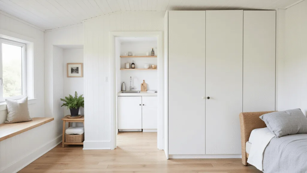 "Scandinavian-style guesthouse interior with white shiplap walls, murphy bed, oak flooring and minimalist decor in a cozy, natural light-filled environment."