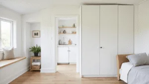 "Scandinavian-style guesthouse interior with white shiplap walls, murphy bed, oak flooring and minimalist decor in a cozy, natural light-filled environment."