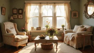 "Sunlit cozy living room with vintage floral armchair, wildflowers on a wooden coffee table, handmade quilts, and green walls in a cottagecore style setting"