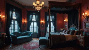"Victorian bedroom with burgundy walls, teal velvet chaise lounge, four-poster bed with black lace curtains, crystal chandelier, stained glass windows and moonlit atmosphere"