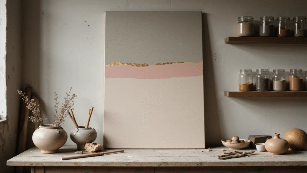 "Artist's studio with textured canvas in earthy tones, pottery with gold kintsugi repairs, and rustic shelves filled with natural pigment jars"