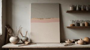 "Artist's studio with textured canvas in earthy tones, pottery with gold kintsugi repairs, and rustic shelves filled with natural pigment jars"