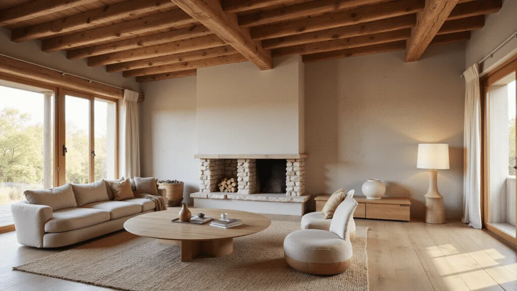 "Japanese-inspired wabi-sabi living room with exposed wooden beams, imperfect plaster walls, handwoven textiles, a stone fireplace, and minimal decor in soft morning light"