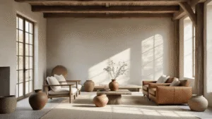 "Wabi-sabi living room with earth tones, rustic wooden beams, handcrafted pottery and minimalist aesthetic"