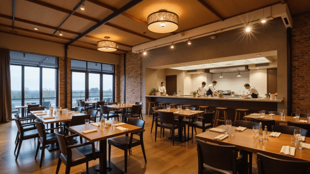 "Interior of Wabi Sabi restaurant featuring exposed brick walls, open kitchen, intimate tables, ikebana arrangements, sushi chefs at a polished concrete bar, and soft lantern lighting creating a warm ambiance."