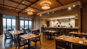 "Interior of Wabi Sabi restaurant featuring exposed brick walls, open kitchen, intimate tables, ikebana arrangements, sushi chefs at a polished concrete bar, and soft lantern lighting creating a warm ambiance."
