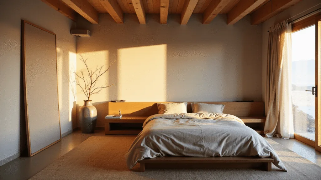 "Wabi-sabi styled bedroom with a low wooden bed, beige linen, oak nightstand, ceramic vase with a branch, shoji screen, wooden beams and warm sunlight filtering through curtains"