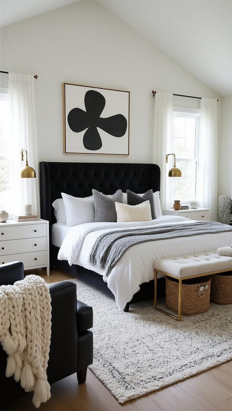 Spacious bedroom with vaulted ceilings, featuring a king-size bed with black velvet headboard, white linens, gray pillows, abstract artwork, and a blend of modern and vintage décor under soft morning light.