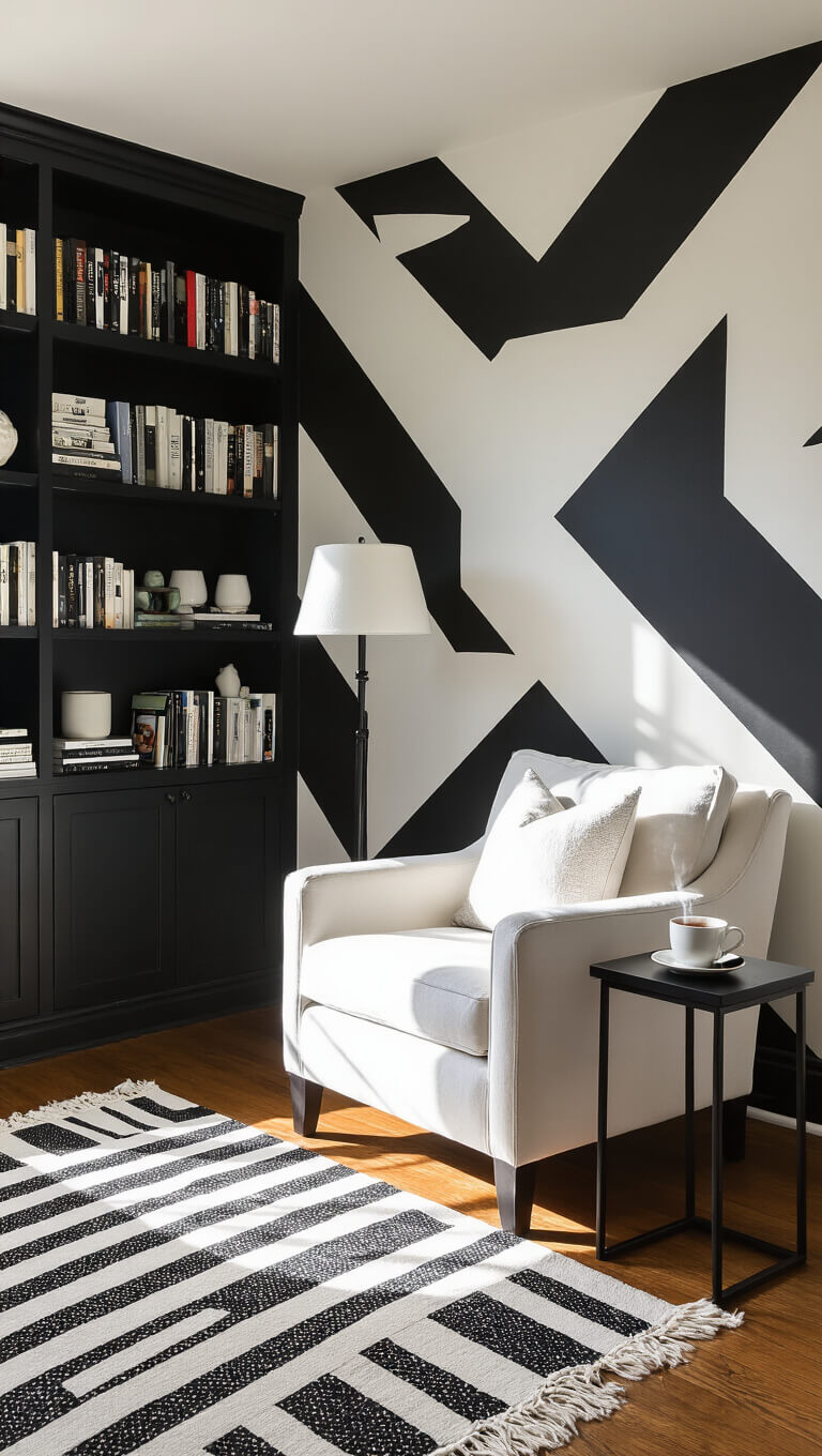 Cozy corner reading nook with white armchair, black bookshelves, geometric accent wall, and striped rug in warm afternoon light.
