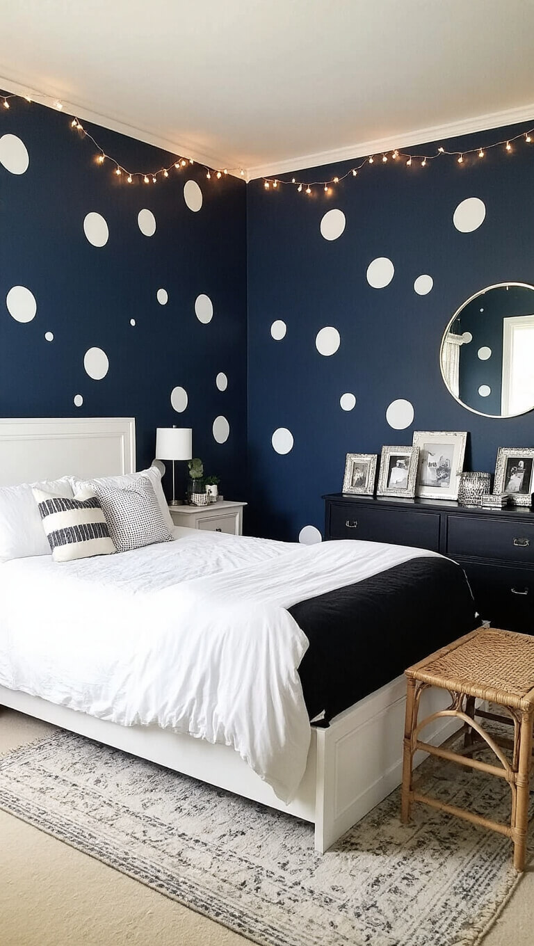Chic 12x14 bedroom with hand-painted white polka dot accent wall on midnight blue, string lights, queen bed with black and white linens, mismatched nightstands, vintage black dresser with silver frames, and layered textures.