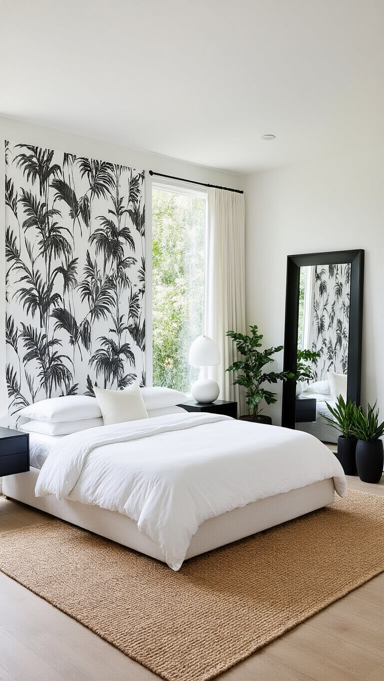 Modern master bedroom with white walls, black accents, large windows overlooking a garden, California king bed, palm leaf wallpaper, black furniture, and natural textures.