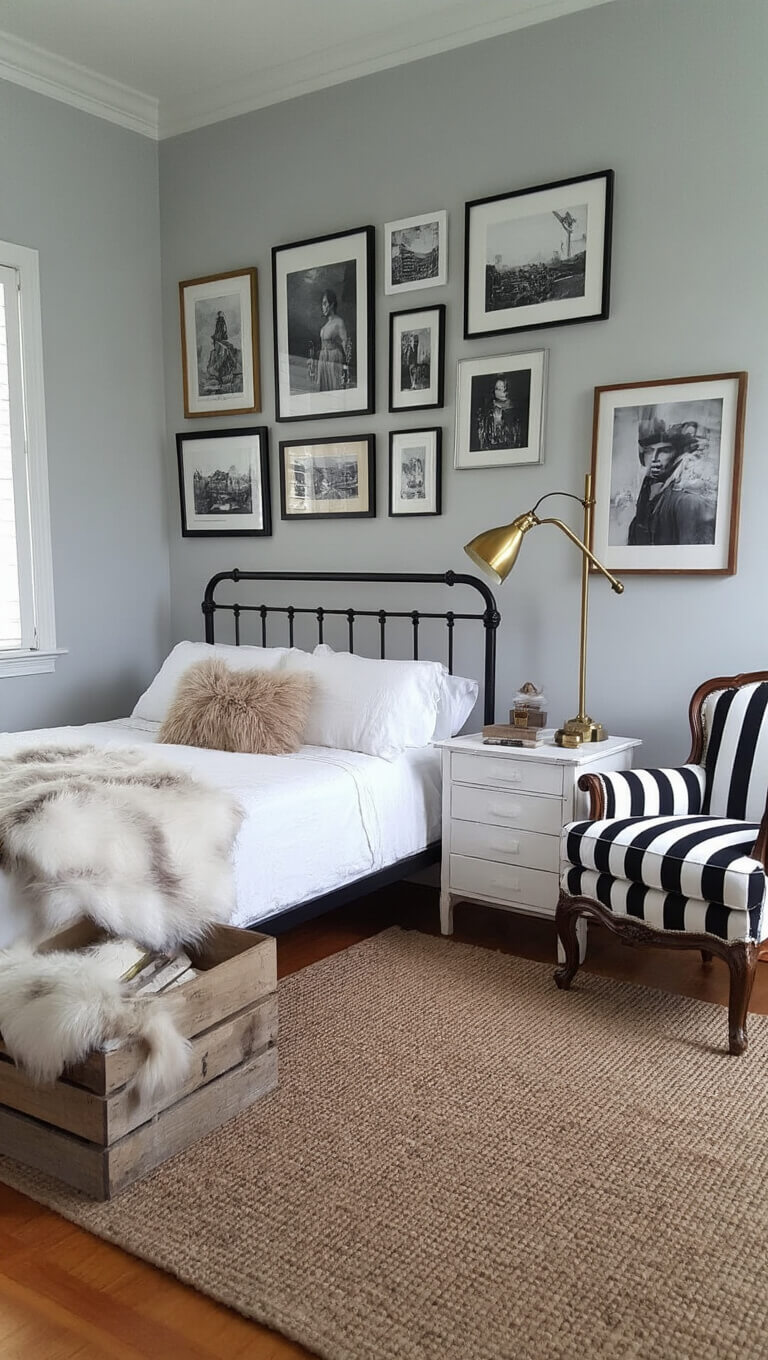 Eclectic 12x14 bedroom with dove gray walls, black iron bed, gallery wall of black and white photos, mismatched nightstands, striped armchair, brass lamp, shag rug, and cozy, textured decor.