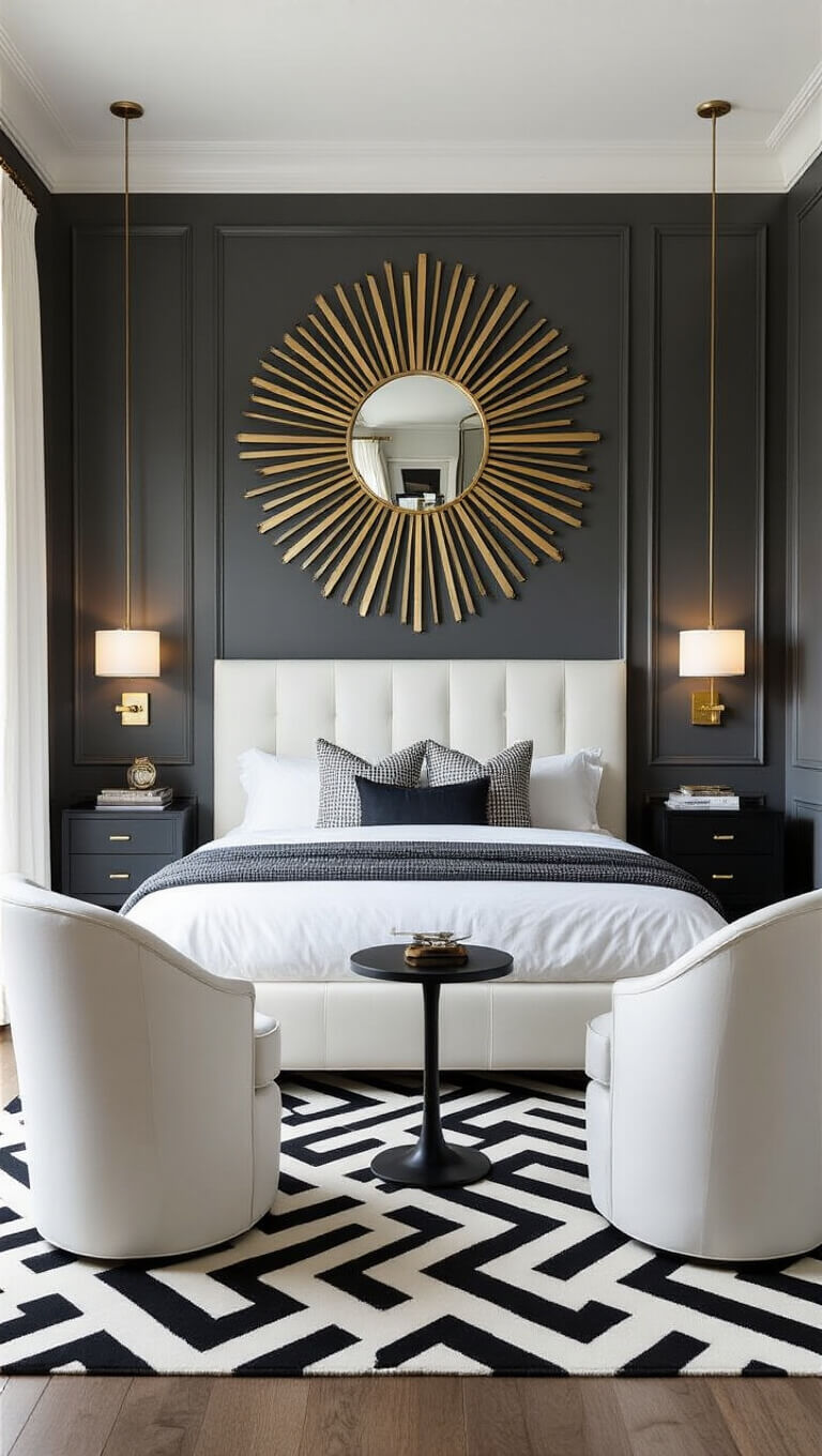 Sophisticated Art Deco bedroom with charcoal gray walls, white trim, a platform bed with white leather headboard, gold and black sunburst mirror, white barrel chairs, chevron rug, and metallic accents.