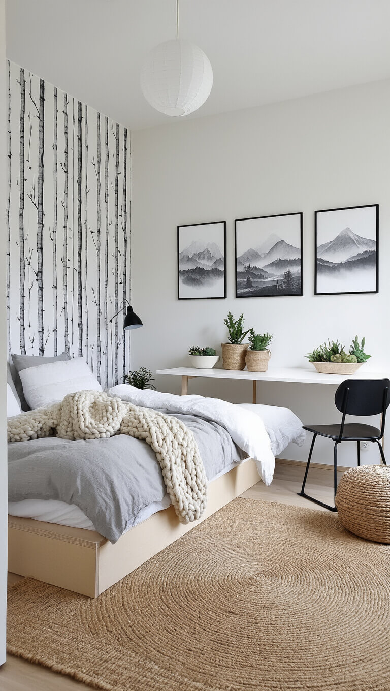 Scandinavian-style bedroom with birch tree wallpaper accent wall, low wood platform bed, neutral linens, minimalist art, natural textures, and soft pendant lighting.