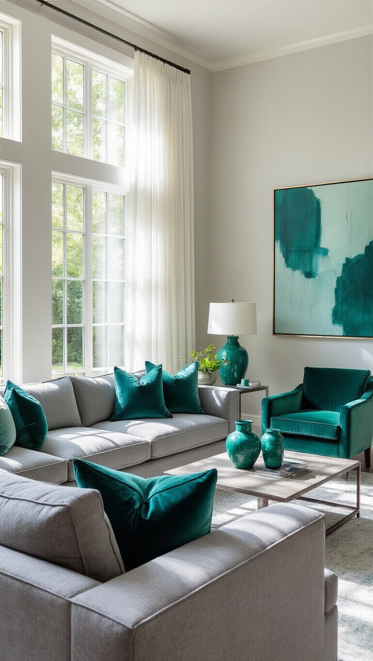 Serene living room with graystone sectional, teal and emerald accents, natural light through sheer curtains, and abstract artwork tying the color palette together.