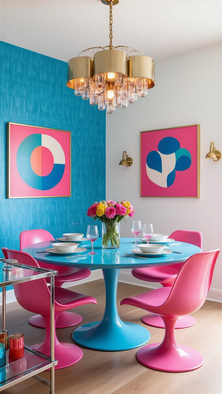 High-angle view of a retro-inspired dining room with an azure oval table, pink molded chairs, geometric powder blue accent wall, and abstract pink and blue artwork, lit by a mixed-metal chandelier.