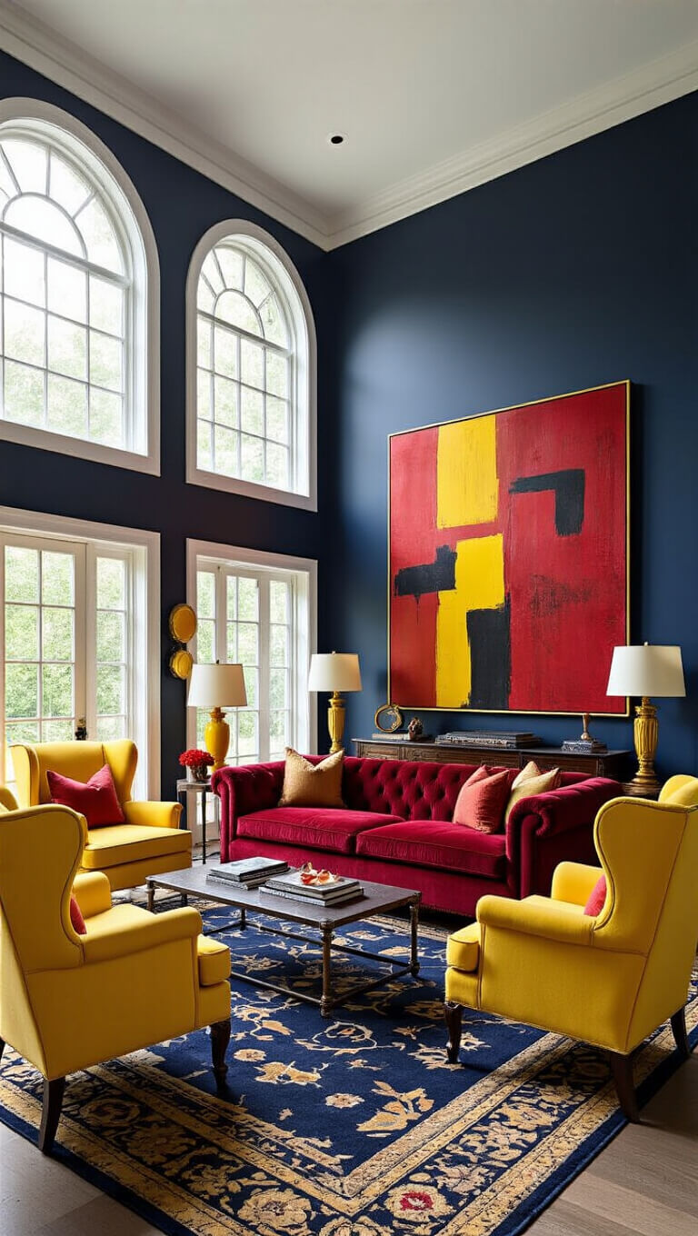 Dramatic living room with navy walls, scarlet red velvet sofa, lemon yellow chairs, soaring arched windows, bold abstract artwork, and moody lighting.