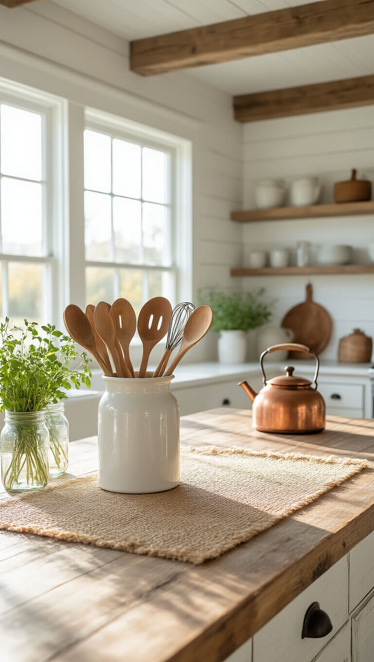 Sunlit farmhouse kitchen with white shiplap walls, wooden beams, and a rustic island featuring a white ceramic utensil holder, copper kettle, and fresh herbs.