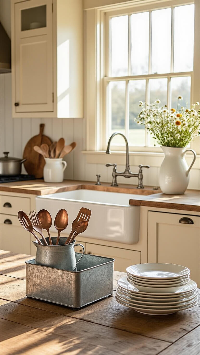 Rustic country kitchen with cream cabinets, reclaimed barn wood floors, and golden hour lighting highlighting a galvanized metal utensil caddy on a farmhouse sink, surrounded by wildflowers and enamelware plates.