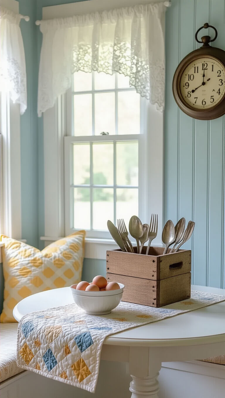 Close-up of a cozy cottage kitchen nook with pale blue beadboard walls, featuring a rustic wooden utensil caddy filled with vintage silverware on a small round table, quilted table runner, bowl of fresh eggs, and a wrought iron wall clock in warm, diffused afternoon light.