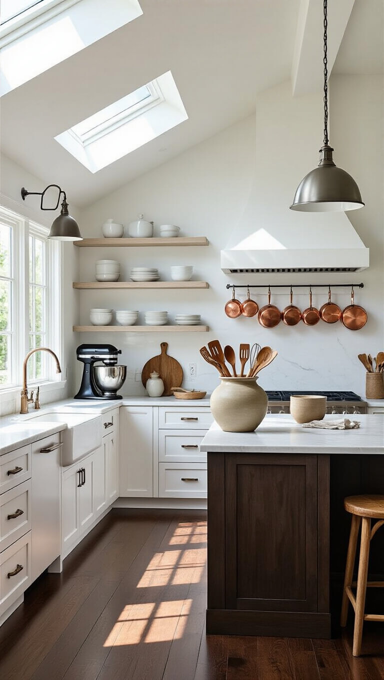 Modern farmhouse kitchen with white cabinetry, dark wood floors, marble island, ceramic utensil crock, copper pots, and mid-morning skylight lighting.