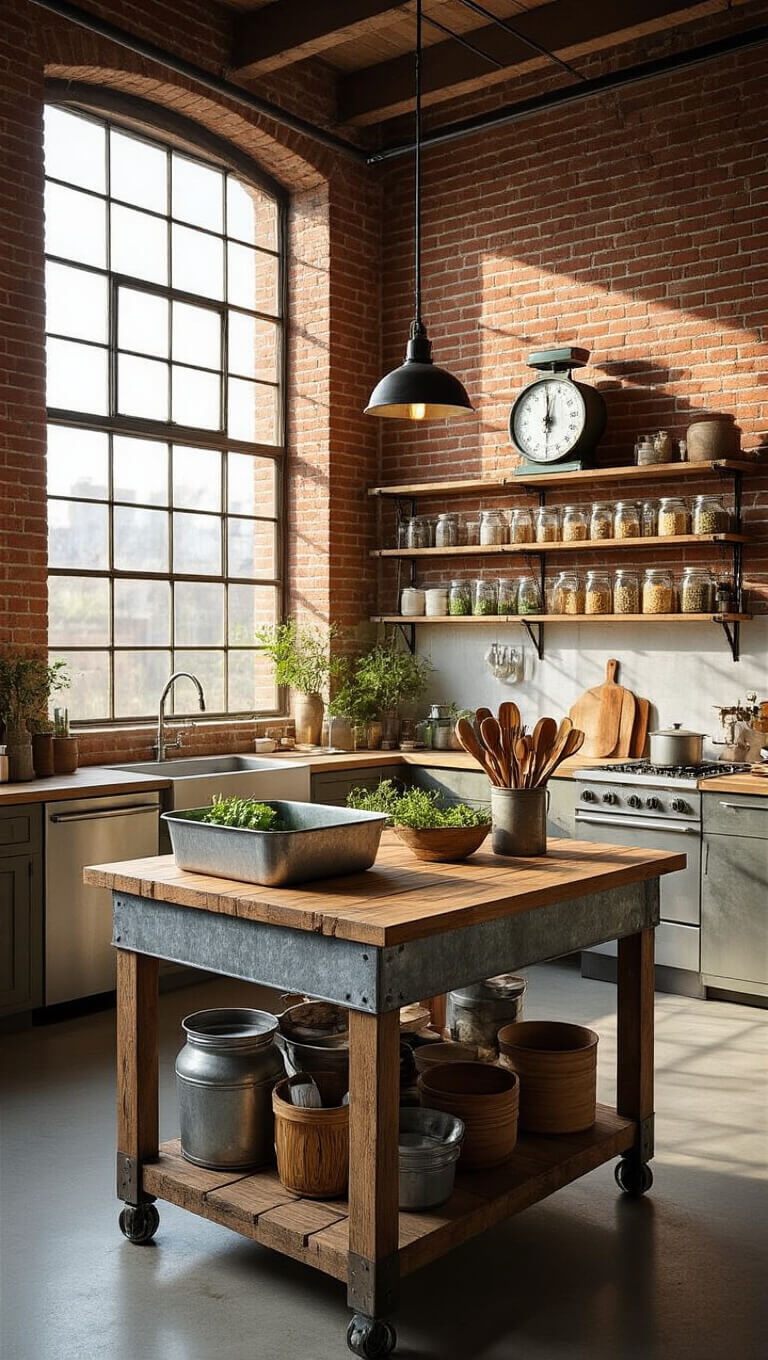 Wide-angle view of an industrial-farmhouse kitchen with exposed brick walls, polished concrete floors, and dramatic late-afternoon lighting; features a reclaimed wood island with a galvanized metal trough holding assorted utensils, a vintage herb-filled scale, and iron pipe shelving with mason jars.