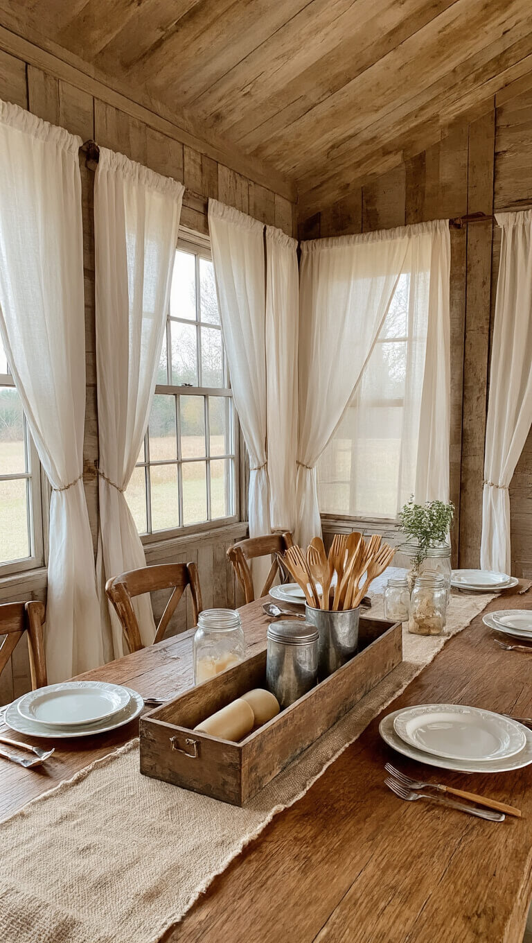 Low-angle view of a rustic farmhouse dining table with a repurposed wooden toolbox holding antique silver and bamboo utensils, surrounded by vintage china, mason jar beeswax candles, and a burlap runner in a warm, ambient dusk-lit room.