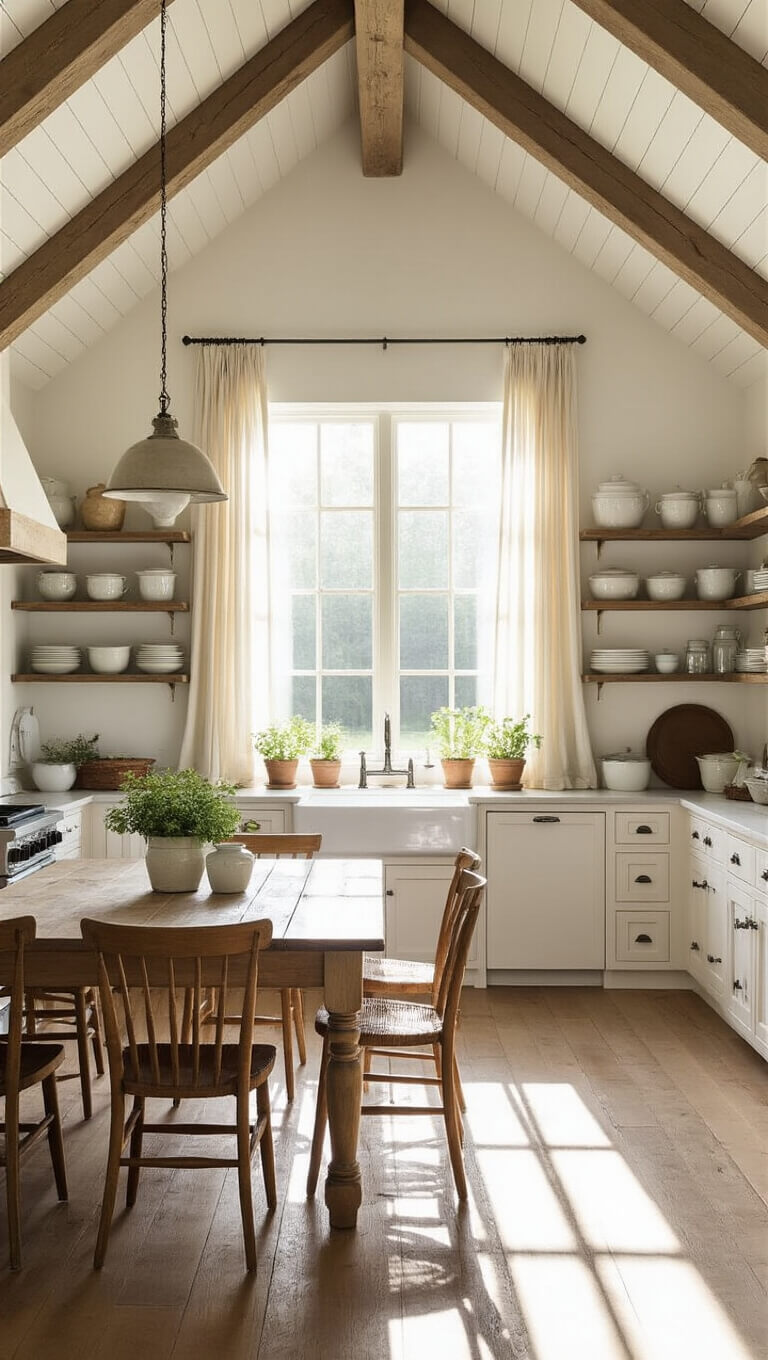 Sunlit farmhouse kitchen with vaulted ceilings, exposed beams, oak floors, and a rustic table surrounded by mismatched chairs, featuring vintage décor and an apron-front sink beneath a window with linen curtains.